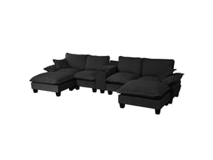 Canapé modulaire en u 364x155x90 cm 6 places avec 2 ottomanes porte-gobelets rangement usb bois noir