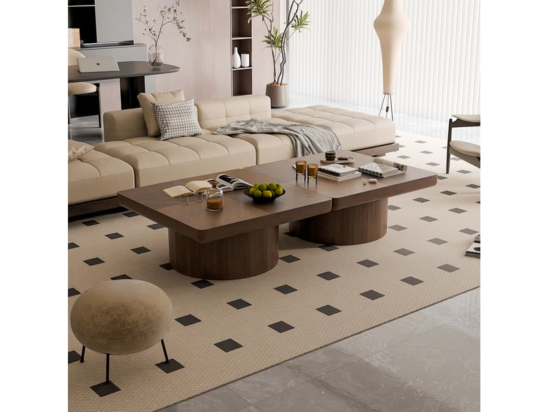  Table basse ulevr carrée 78 x 78 cm, plateau plaqué motif parquet 8 cm, base cylindrique, bois et mdf noyer  - Conforama E