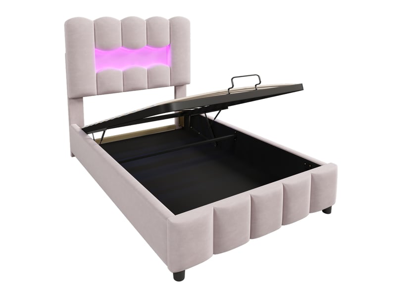  Lit d'enfant 90 x 200 cm, avec éclairage led, tête de lit, rangement à vérins hydrauliques, en velours, rose  - Conforama R