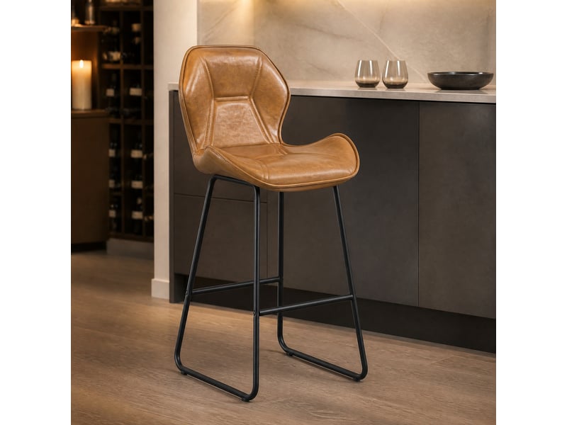  Tabouret de bar 2 pièces avec dossier ergonomique et repose-pieds, en métal et cuir synthétique marron  - Conforama B