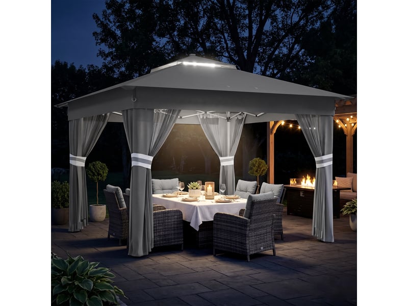  Tonnelle de jardin à hauteur réglable avec éclairage led, acier et toile oxford, 336 x 336 x 250-270 cm, grise  - Conforama C