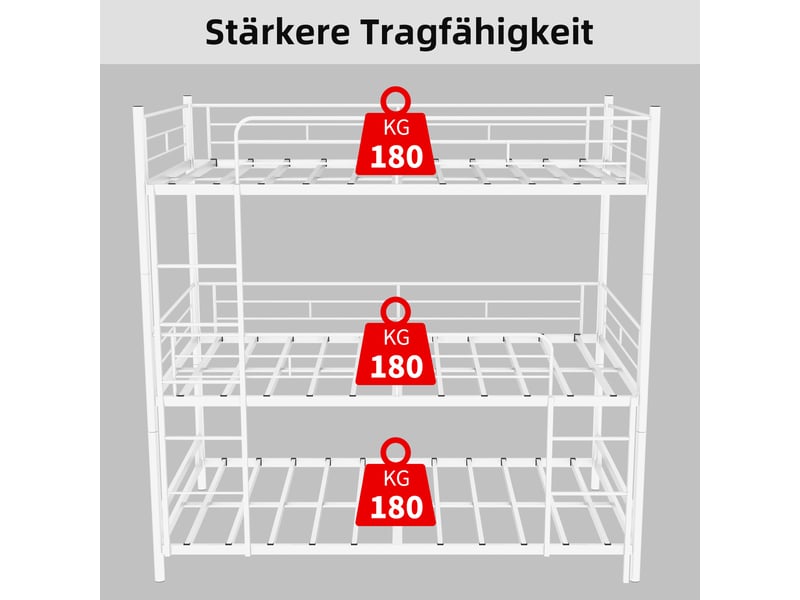 Lit superposé triple 90x190 cm - lit ado gain de place avec échelle intégrée et garde-corps, structure en métal, sans matelas, blanc  - Conforama E