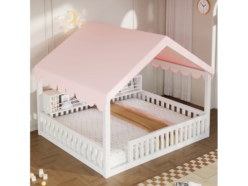  Lit cabane enfant modenvie 140 x 200 cm avec guirlande led étagère à livres et barrières de sécurité blanc  - Conforama B