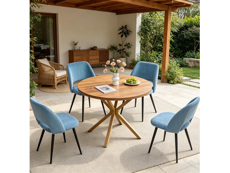  Lot de 4 chaises de salle à manger avec dossier ergonomique et pieds en métal, en velours côtelé bleu  - Conforama D
