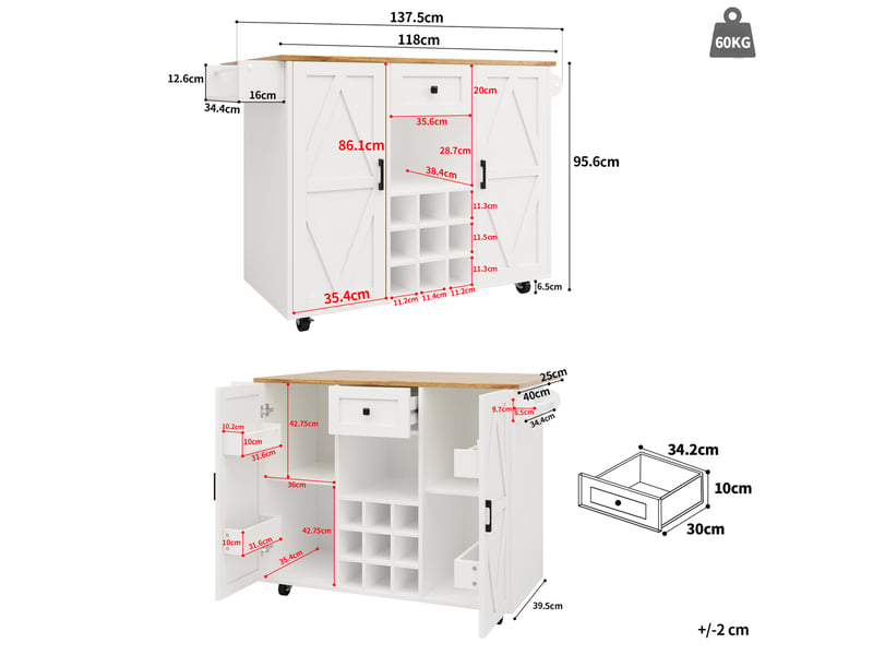  Desserte de cuisine 137,5 x 65 cm blanche en mdf et métal, plateau rabattable, rangement et roulettes  - Conforama C