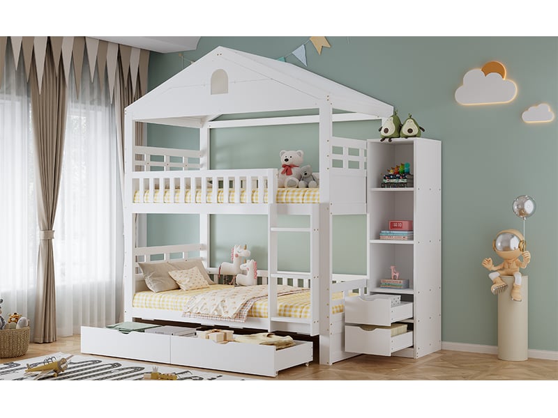 Lit enfant superposé ，90x200 cm， avec échelle tiroirs rangement ，bois ，blanc  - Conforama B