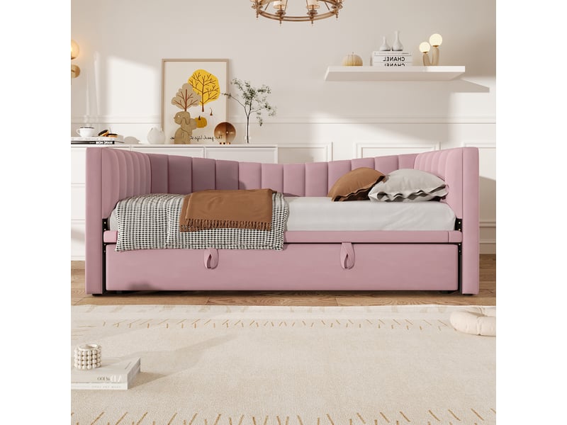  Lit banquette velours rose lit gigogne 90x200 extensible 180x200 cm sans matelas  - Conforama C