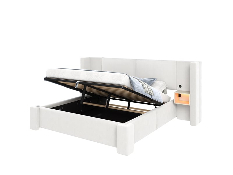  Lit coffre 180x200 cm en lin avec sommier à lattes, led et rangement beige chicfurn  - Conforama A