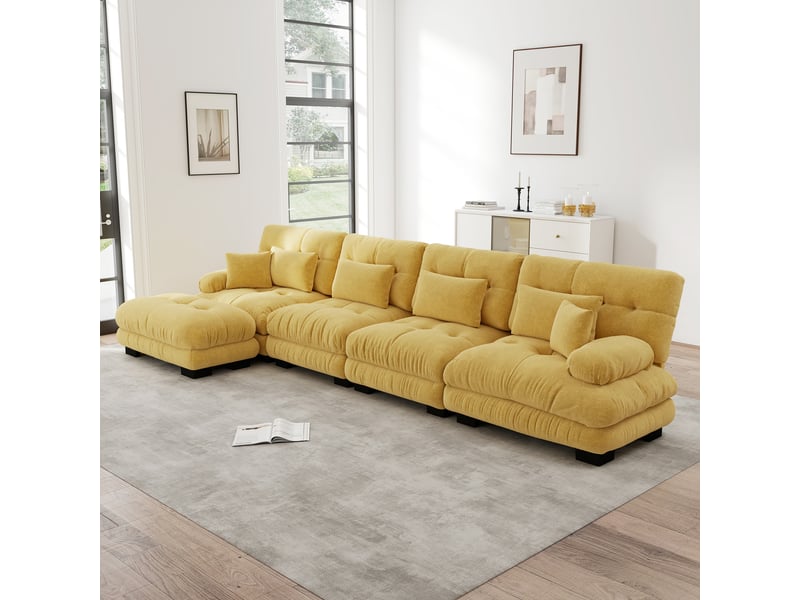  Canapé d'angle modulaire 4 places avec ottoman mobile, assise profonde et coussins, en chenille jaune  - Conforama D