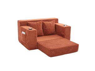 Fauteuil pouf 2 places avec poches latérales et deux coussins, assise rembourrée, en velours côtelé orange