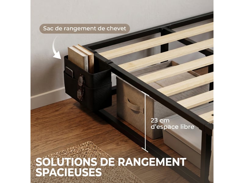  Cadre de lit 140 x 190 cm avec sommier, lit double avec pochette de rangement, support à lattes en bois, noir  - Conforama R