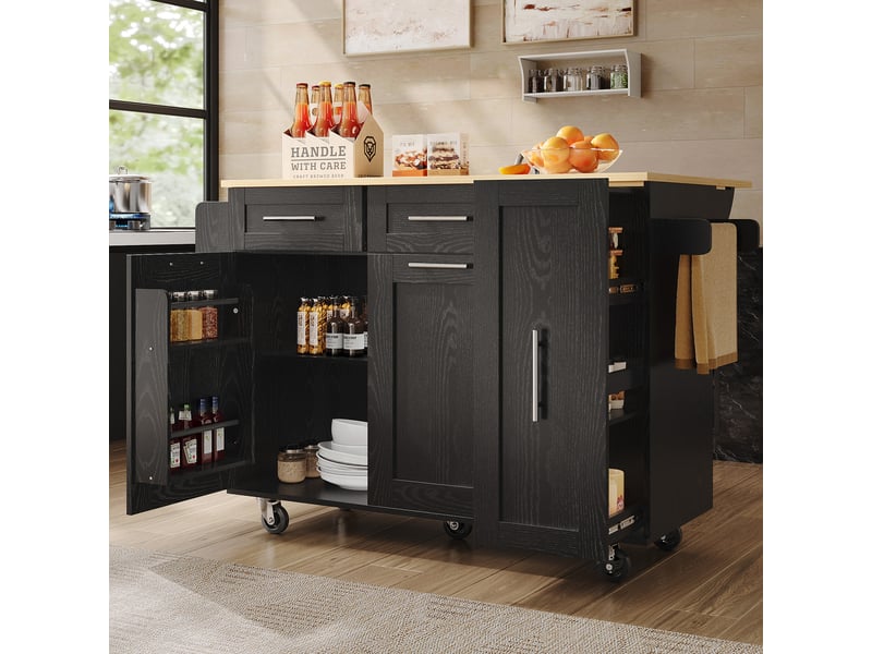 Îlot de cuisine en bois veiné noir, buffet multifonction, table extensible, rangement et chariot snack - Conforama B