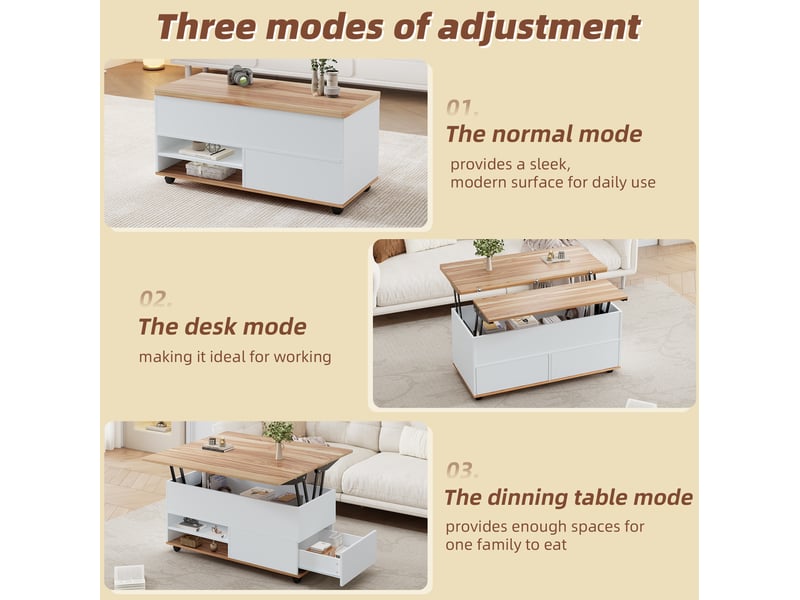  Table basse relevable avec 1 tiroir, 1 porte, niches de rangement et roulettes pour salon, 100 × 98 × 65 cm  - Conforama E