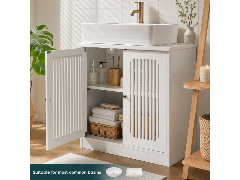  Meuble sous vasque blanc sans lavabo, 2 portes à lamelles, étagère réglable, 60 x 30 x 60 cm  - Conforama C