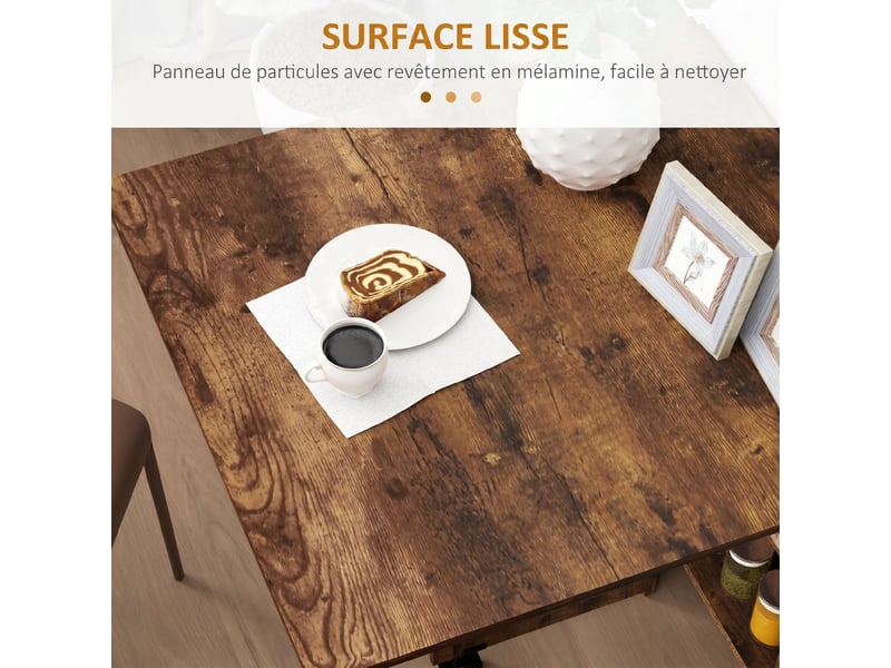Table à manger pliante mobile sur roulettes, 2 plateaux rabattables, 2 étagères intégrées, brun rustique, 140x80x74cm - Conforama W