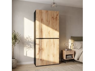 Armoire 4 portes en mdf et panneau de particules, 90 x 50 x 200 cm, bois clair et noir, avec penderie