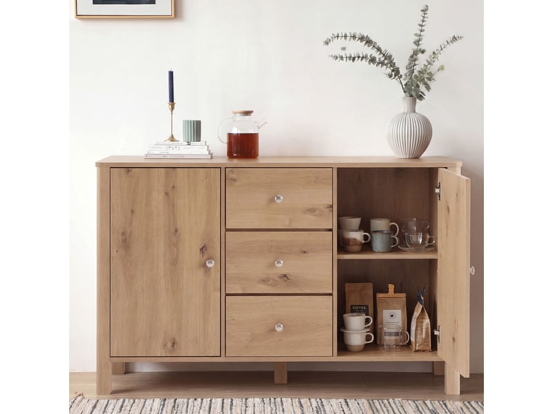  Buffet avec 3 tiroirs et 2 portes de rangement en panneaux de particules 120×40×80 cm chêne  - Conforama B