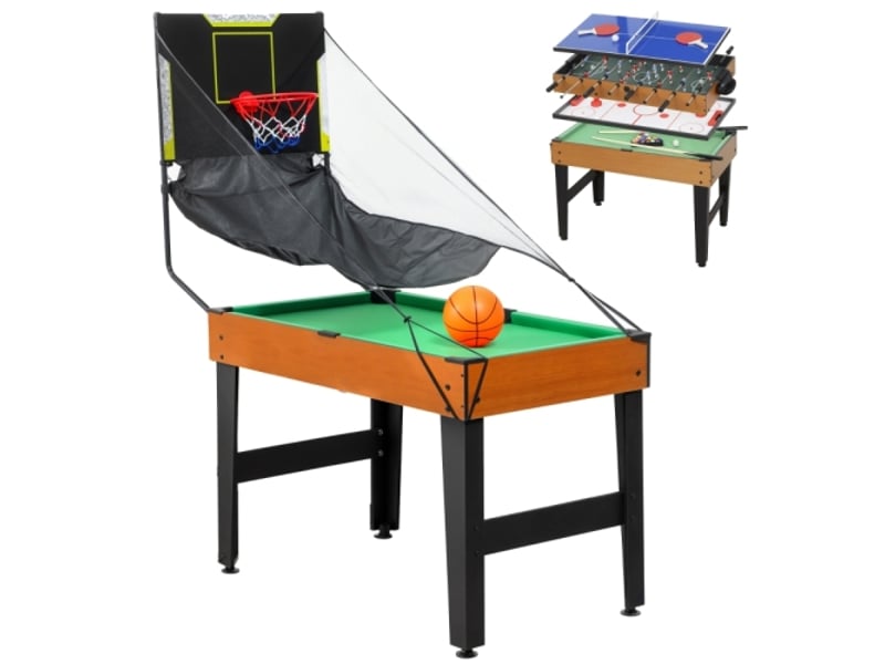Table de jeu 5 en 1, baby-foot, hockey, ping-pong, billard, basket, 53 accessoires, noyer - Conforama A
