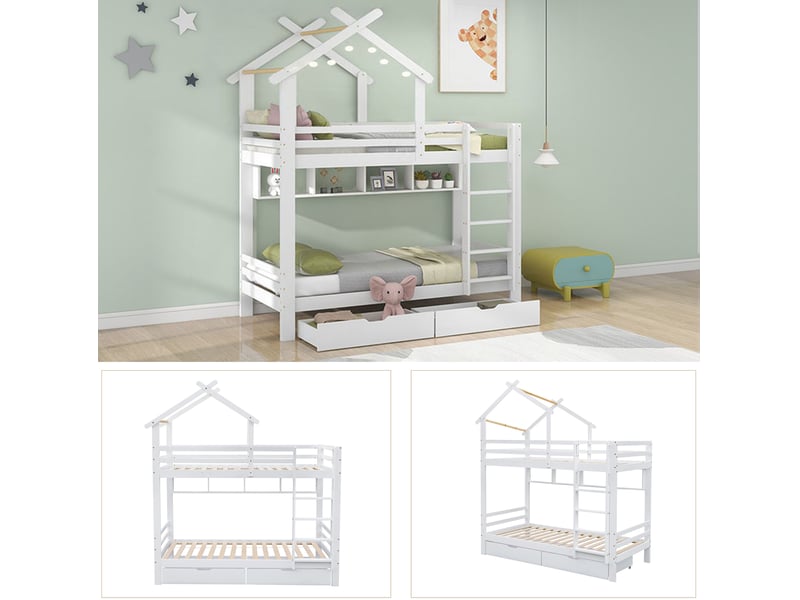 Lit superposé enfant maison 90x200 cm avec tiroirs, étagères et échelle, blanc - Conforama E