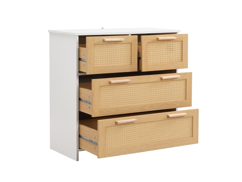  Commode de chambre, 80x80x38 cm, meuble de rangement chiffonnier pour salon et entrée, 4 tiroirs en rotin naturel, naturel et blanc  - Conforama D