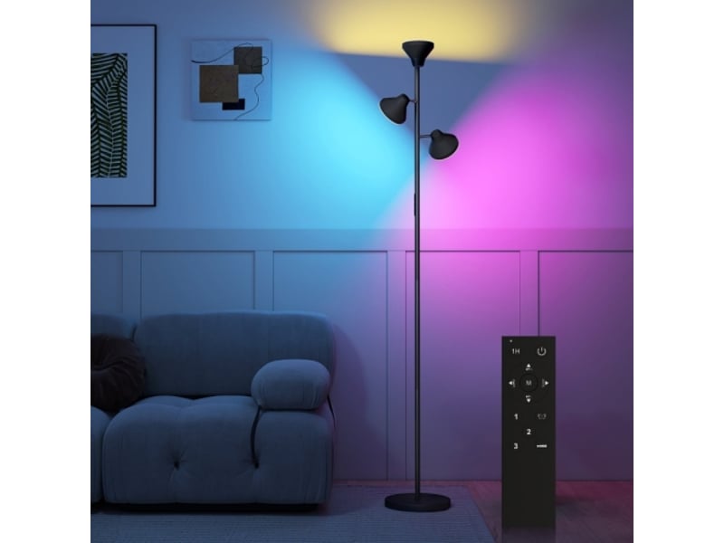  Lampadaire led rgb dimmable noir avec liseuse, 3 têtes orientables, télécommande et commande tactile  - Conforama C