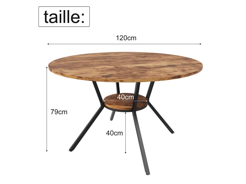 Table à manger ronde pour 6 personnes, table de cuisine style industriel avec plateau aspect bois et pied en métal 120 cm - Conforama C