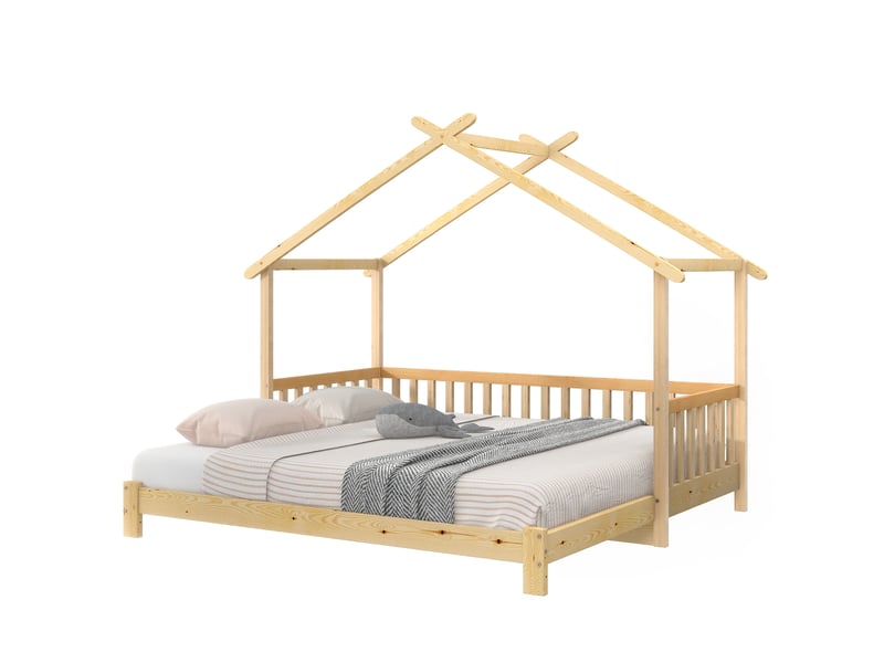  Lit cabane extensible enfant 200x90 cm et 200x180 cm barrière 3 côtés bois naturel sans matelas  - Conforama A