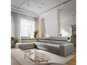 Canapé d'angle gauche convertible MASSENO 5 places Velours gris avec coffre de rangement