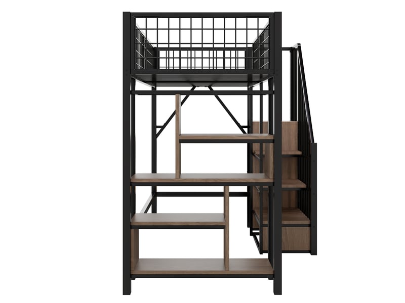  Lit mezzanine 90x200, lit mezzanine en métal noir avec escalier et étagères, lit mezzanine pour adulte et enfant, 204x143x170cm.  - Conforama E