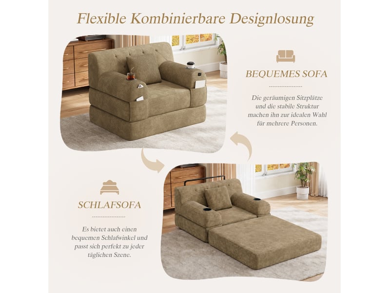  Canapé convertible 1 place 107x80 cm – taupe – dossier haut, rangements et porte-gobelets, sans montage  - Conforama E