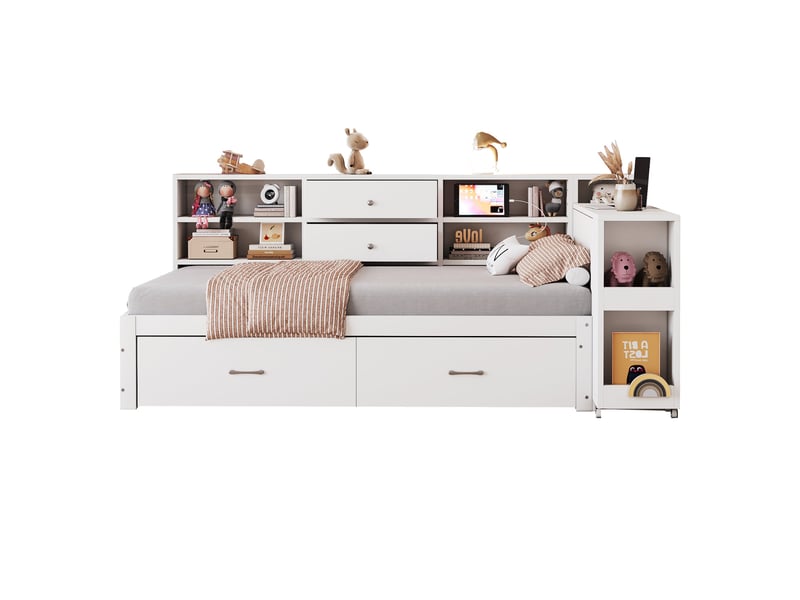 Lit coffre 90x200 cm blanc en bois avec rangements, tiroirs et bureau escamotable - Conforama R