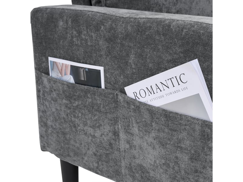 Canapé d'angle 3 places en lin gris avec porte-gobelets et usb, 202x137x80 cm, 2 poches latérales - Conforama R