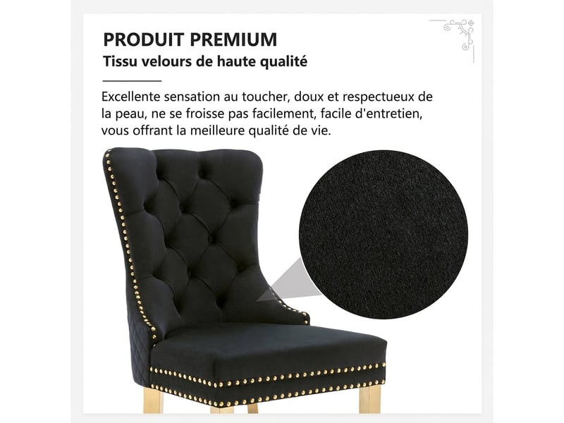  Lot de 6 chaises de salle à manger en velours noir, pieds en acier inoxydable doré, anneau au dos  - Conforama R