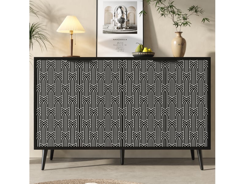 Buffet de rangement 2 portes – motif géométrique noir et blanc – mdf et métal – 120 x 35 x 78 cm - Conforama B