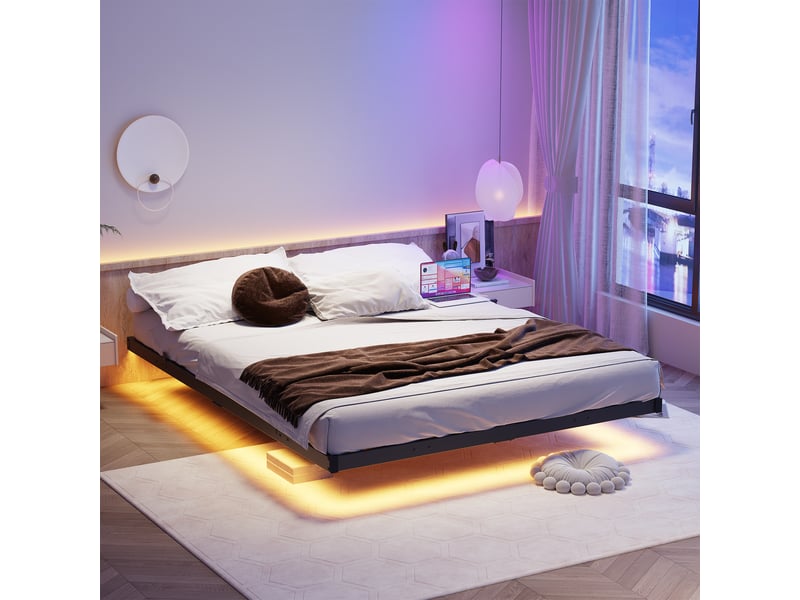  Cadre de lit, lit double 140x190 cm, led, station de recharge, métal noir, sommier à lattes  - Conforama D