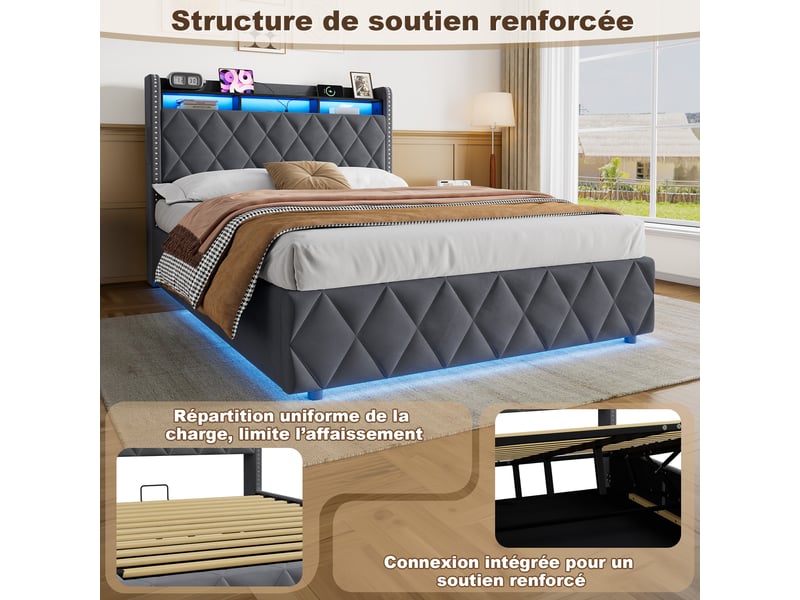  Lit coffre 140x200 cm, hydraulique, tête losange, rangement et led, étagère intégrée, velours gris, sans matelas  - Conforama D