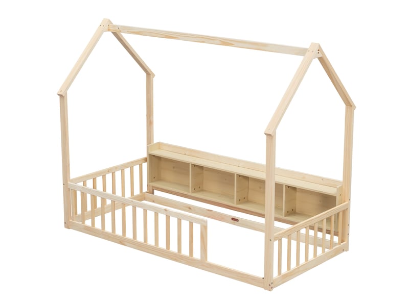  Lit cabane enfant 90x200 cm avec étagères et barrières de sécurité naturel, sans matelas  - Conforama E