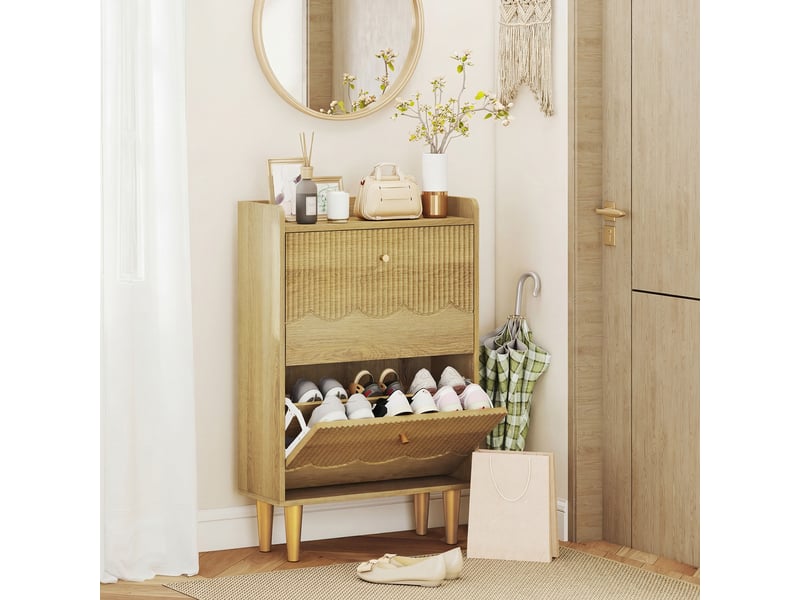  Meuble à chaussures 12 paires, armoire à chaussures étroite, 2 tiroirs rabattables étagères réglables, 60x24x92cm, chêne  - Conforama C