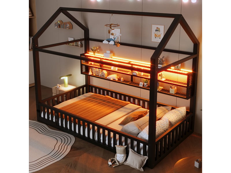 Lit plateforme 90x200 cm – lit enfant moderne avec design cabane led et garde-corps – métal – noir CozyNest - Conforama E
