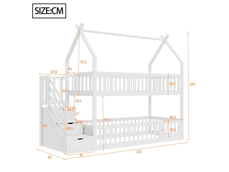 Lit superposé enfant 90x200 cm – blanc – toit maison, escalier à tiroirs et barrière, sans matelas - Conforama C