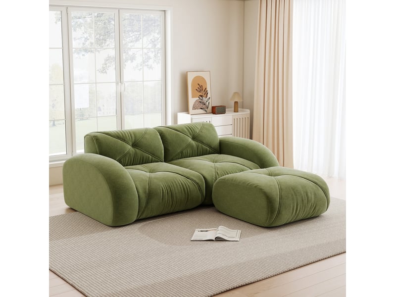  Canapé modulaire 2 places avec pouf en tissu chenille vert 204x171x76 cm  - Conforama D
