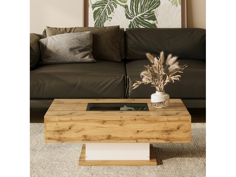 Table basse led 110.2x60x39.7 cm avec verre et 2 tiroirs blanc et naturel - Conforama E