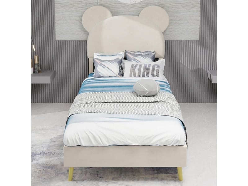  Lit rembourré minimaliste moderne 90x200 cm beige, tête cartoon moelleuse, base solide basse sans rangement ni vérin, sans matelas  - Conforama B
