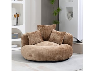 Fauteuil pouf rond fixe en tissu café avec 3 coussins, assise moelleuse pour votre espace détente intérieur