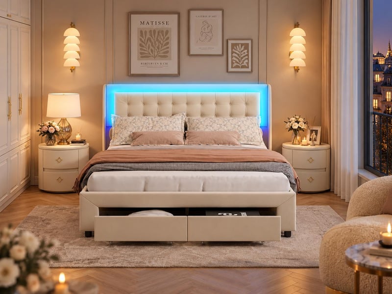  Lit coffre 180x200 cm avec tête de lit éclairée - leds rgb - velours beige - sommier à lattes - rangement hydraulique et tiroirs  - Conforama B