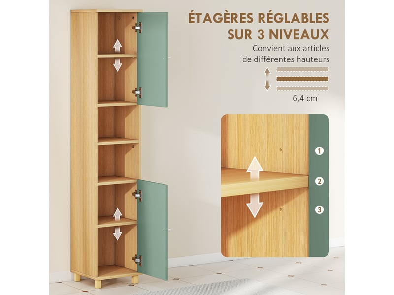  Meuble de salle de bain meuble de rangement 2 placards 2 compartiments ouverts 30 x 30 x 166 cm étagères réglables, vert  - Conforama E
