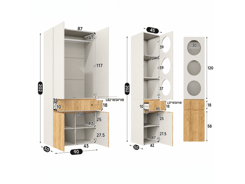  Armoire chambre 135x50x200 cm, avec 6 portes et 2 tiroirs, grand meuble de rangement moderne, en mdf, gris et naturel  - Conforama E