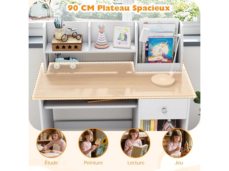 3 en 1 bureau enfant avec rangement, avec 1 tiroir 2 étagères, table enfant en bois avec plateau à clavier, 90x45x90cm (naturel)  - Conforama E
