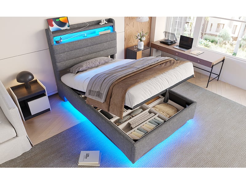  Lit coffre 90x200 cm en lin gris avec led, usb et type-c, tête de lit avec rangement  - Conforama W