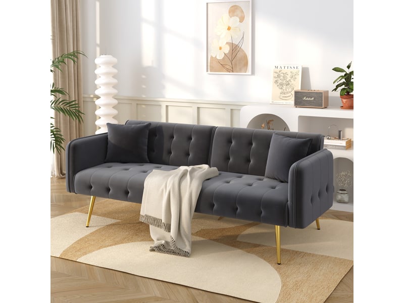  Canapé droit convertible 2 places en velours gris antique, dossier et accoudoirs réglables pour petits espaces  - Conforama B